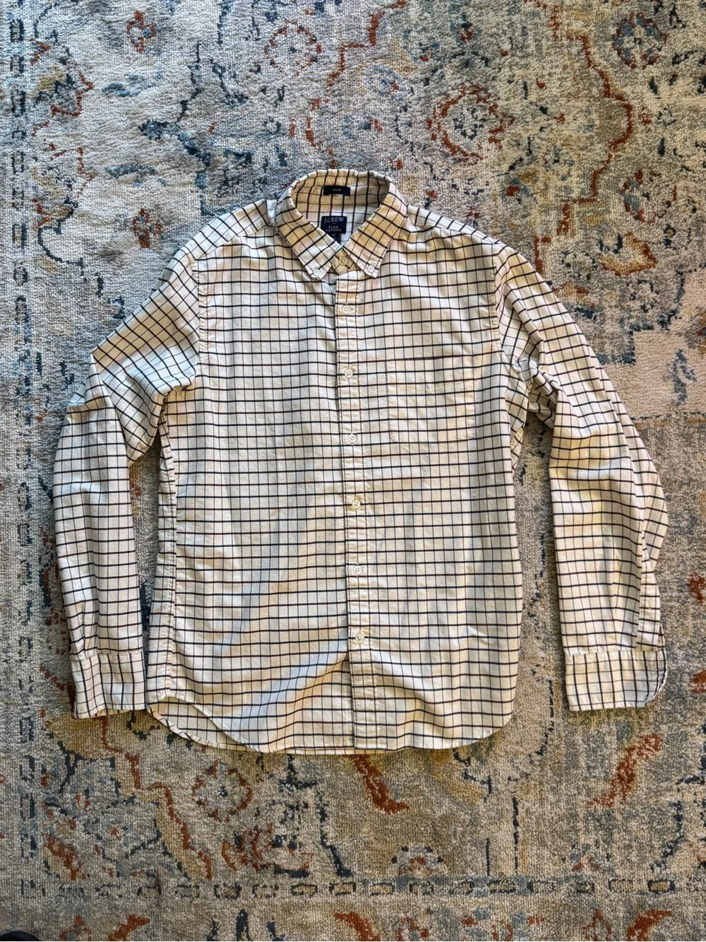 J. Crew Men’s Slim Fit White Button-Down Shirt with Navy & Maroon Grid